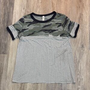 Vanilla Bay Green Camo and Gray Striped Tee